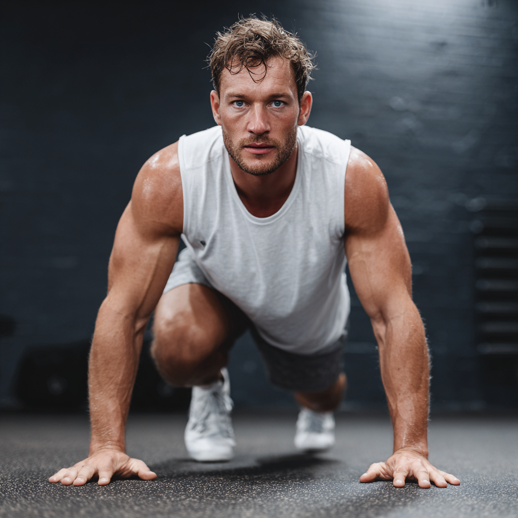 Athletic man in sportswear demonstrating strength and determination during workout