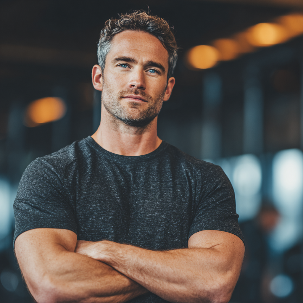 Confident athletic man in modern gym environment doing strength training