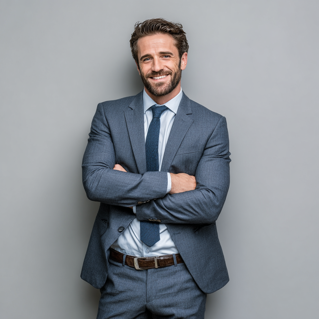 Professional man in business attire showing confident posture and positive energy